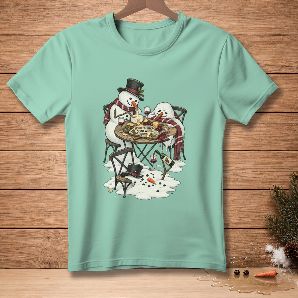 Two snowmen enjoy a cheese and wine platter with text "GOOD FRIENDS, GOOD WINE."