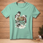 Two snowmen enjoy a cheese and wine platter with text "GOOD FRIENDS, GOOD WINE."