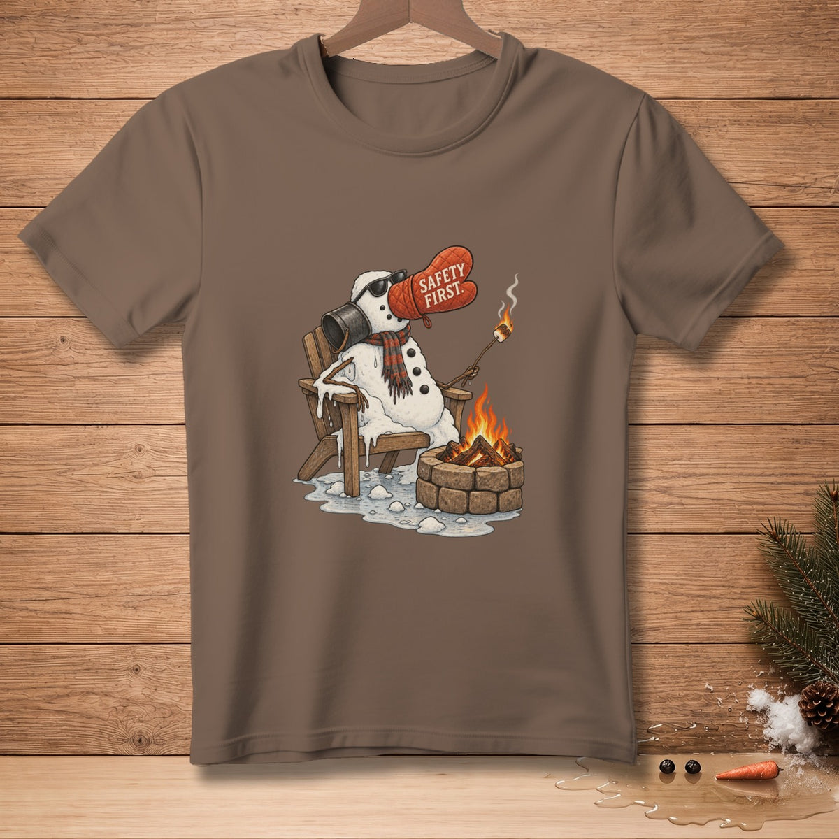 Melting snowman wearing sunglasses and oven mitt with "Safety First" text, toasting marshmallow.