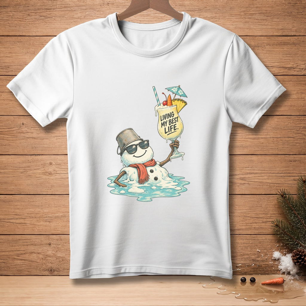 Melting snowman in sunglasses and scarf holds tropical drink with text "Living My Best Life."