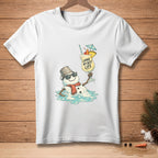 Melting snowman in sunglasses and scarf holds tropical drink with text "Living My Best Life."