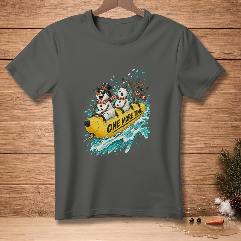 Dark gray t-shirt with a graphic of snowmen on a banana boat with "One More Time" text.