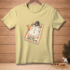 T-shirt graphic: Melting snowman wearing sunglasses, lying on a beach towel, with text "GETTING SOME COLOR."
