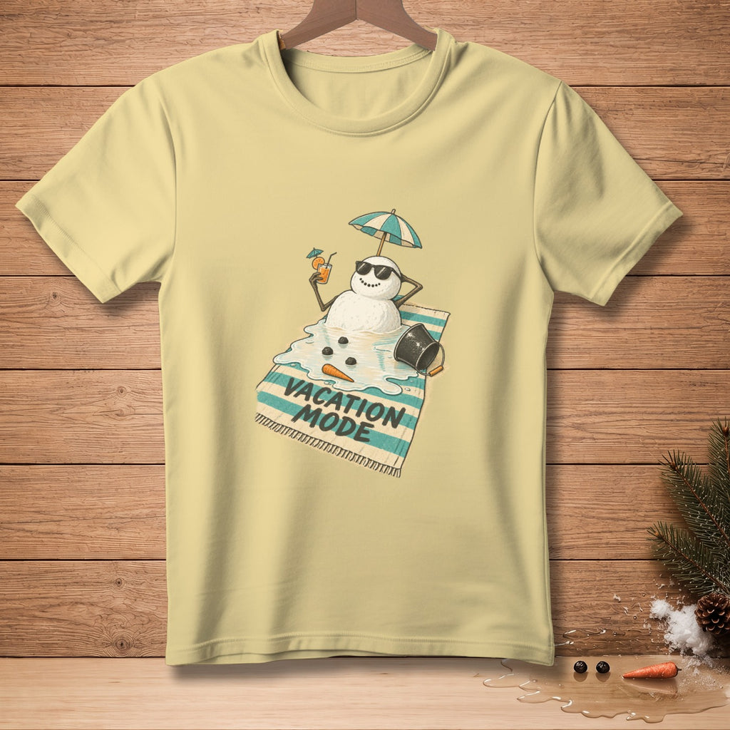 Yellow t-shirt with melting snowman on beach towel, reading "Vacation Mode".