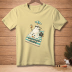Yellow t-shirt with melting snowman on beach towel, reading "Vacation Mode".