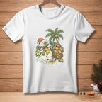 Melting snowman with a bucket and scarf next to a monkey on a beach chair with coconut.