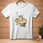 Snowman golfer in sand trap with "BEACH DAY" sign and golf club.
