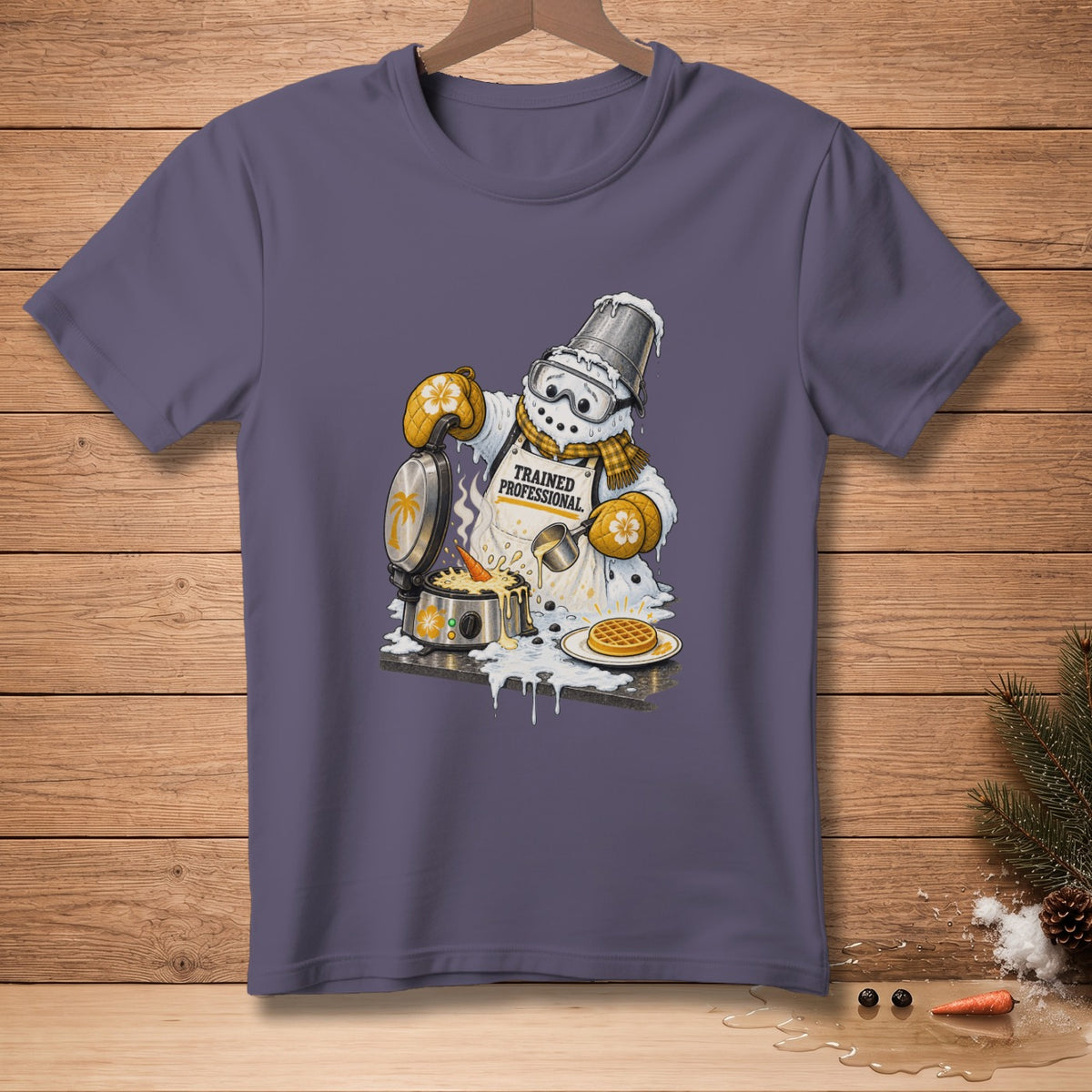 Snowman making waffles in a waffle maker, with text "Trained Professional."