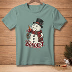 Snowman in top hat holding wine glass with carrot, text "Bouquet".