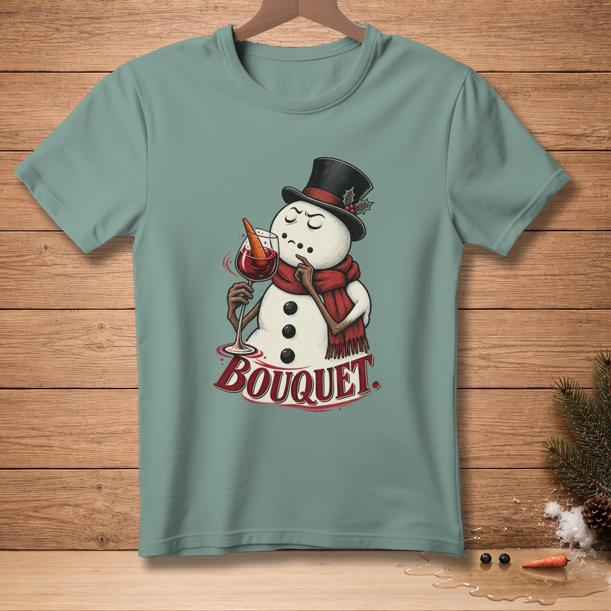 Snowman in top hat holding wine glass with carrot, text "Bouquet".