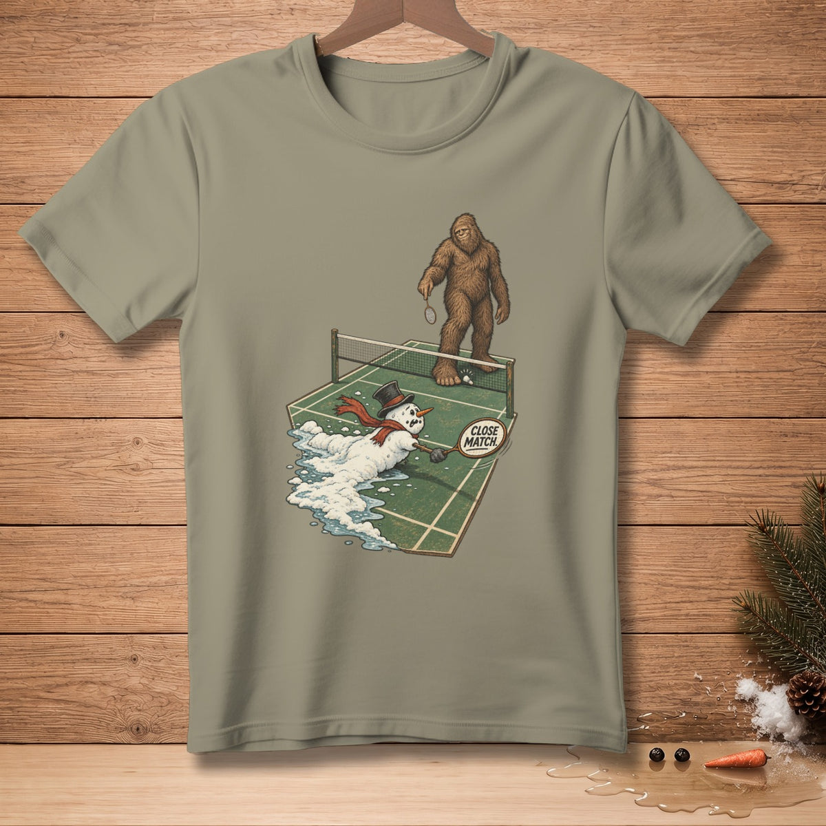 Bigfoot plays badminton against a melting snowman on a court, reading "Close Match."