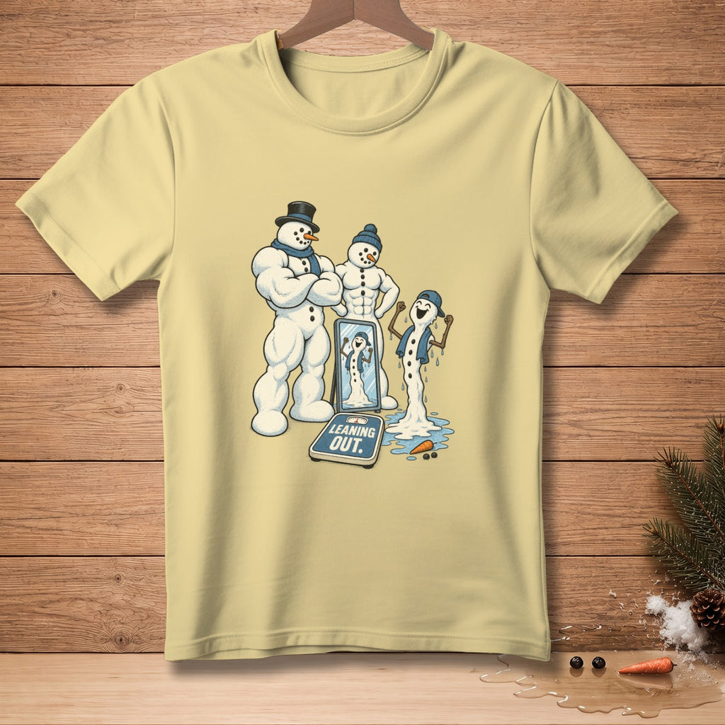 Three muscular snowmen stand by a mirror and a scale that reads "Leaning Out."