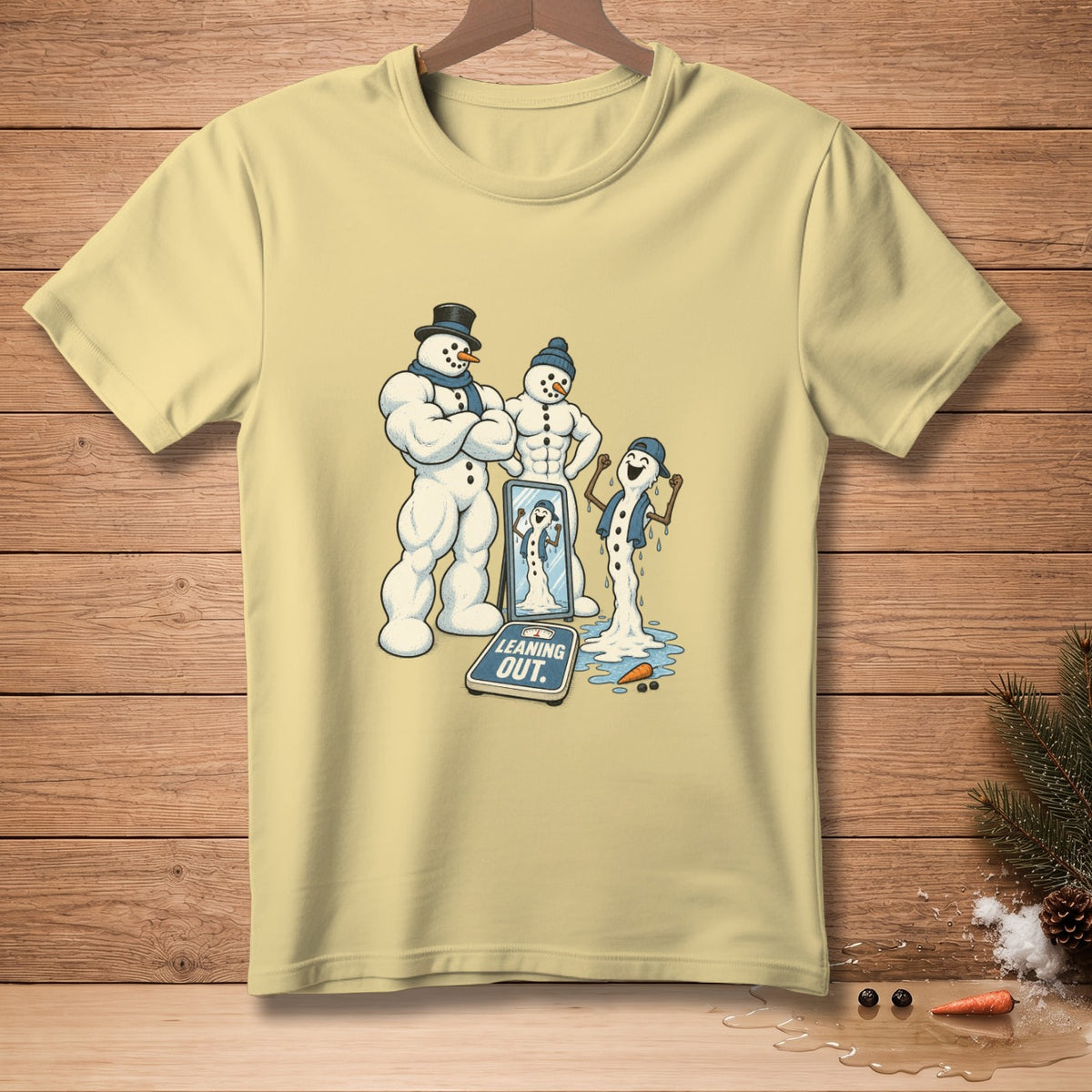 Three muscular snowmen stand by a mirror and a scale that reads "Leaning Out."