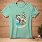 Snowman wearing life vest in water with pelican on beach and lifebuoy.