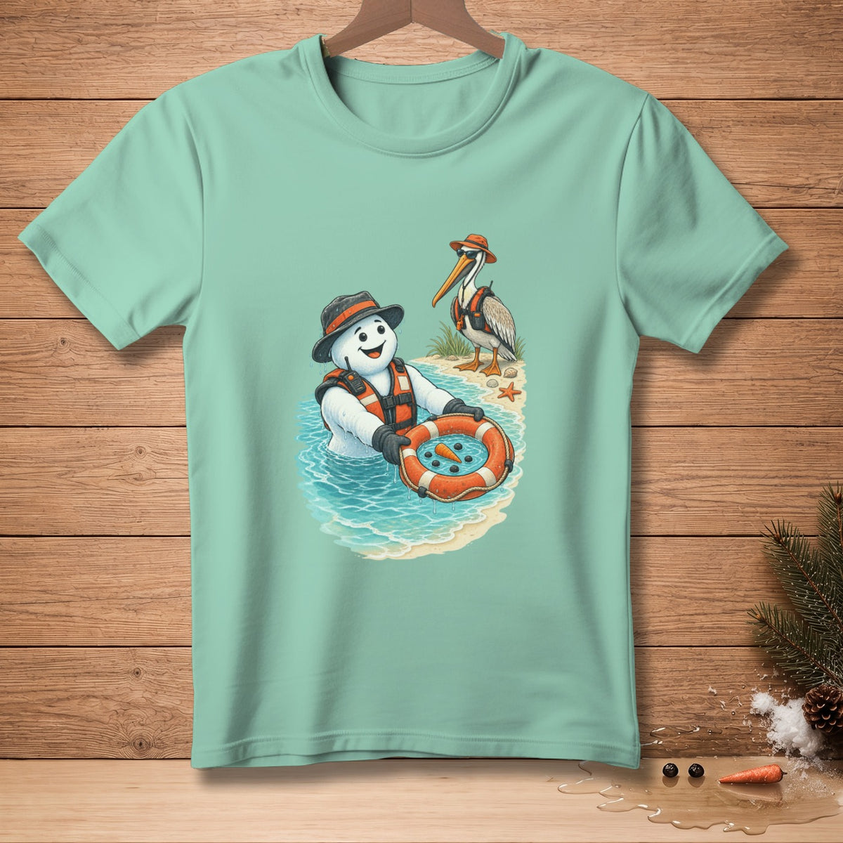 Snowman wearing life vest in water with pelican on beach and lifebuoy.