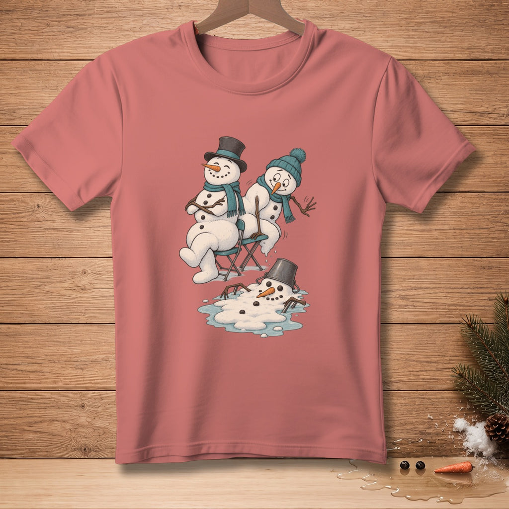 Two snowmen sit on chairs while a third melts into a puddle on a pink t-shirt.