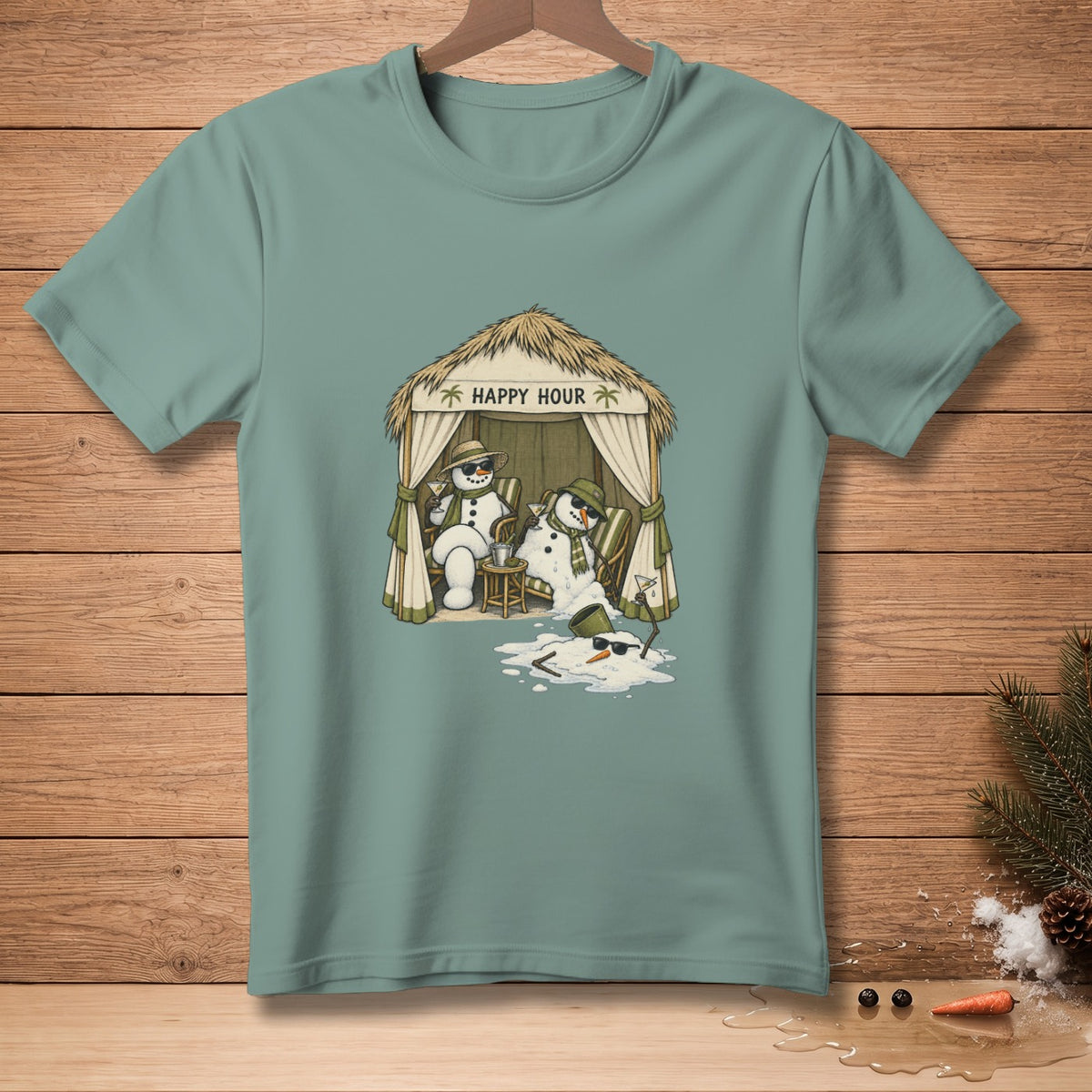 Two snowmen relaxing under a thatched hut with "Happy Hour" text.
