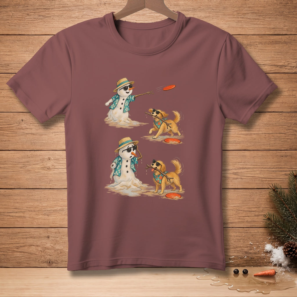 Two melting snowmen in Hawaiian shirts and sunglasses play frisbee with golden retrievers.
