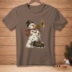 Brown t-shirt with a melting snowman playing a trumpet with "Hot Jazz" case.