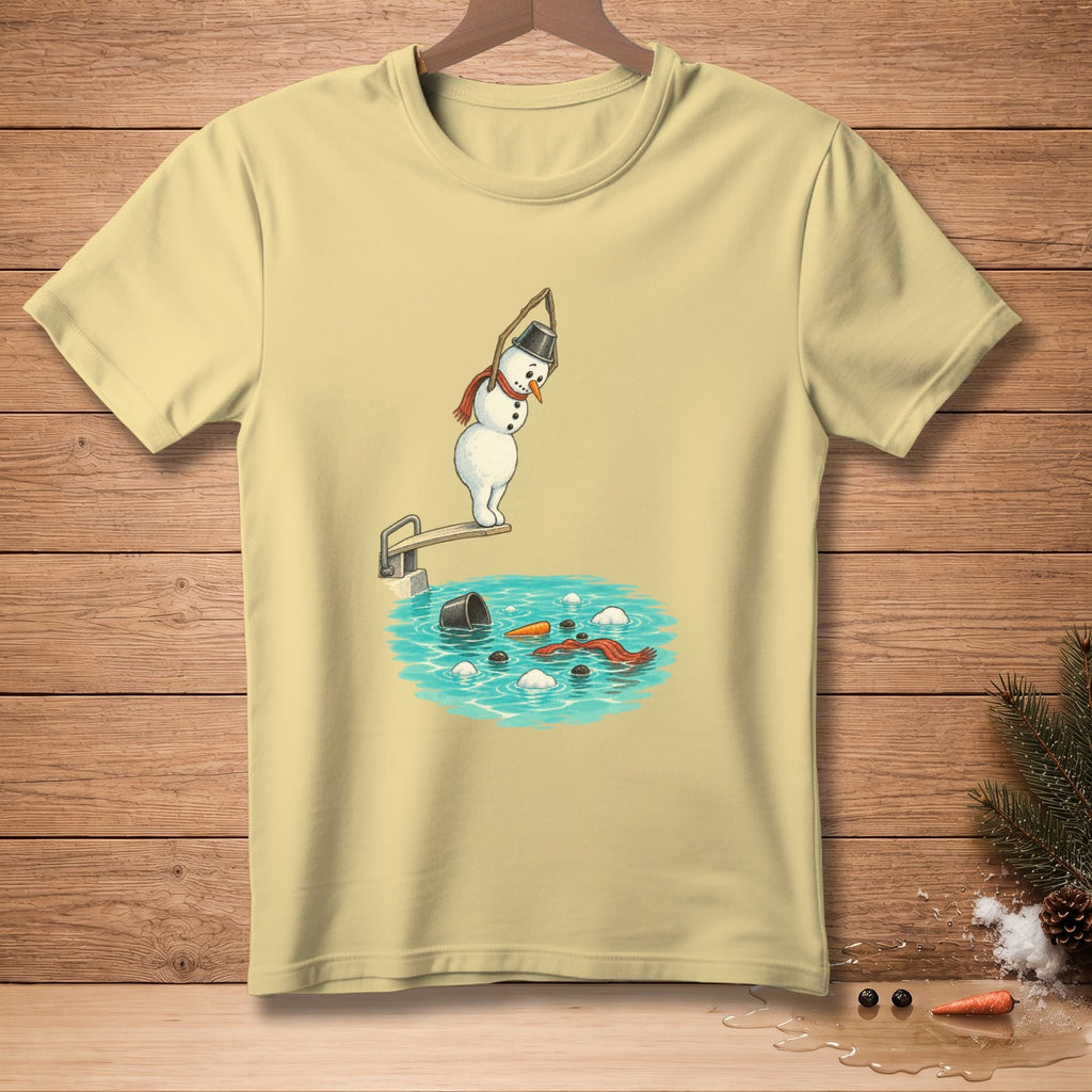 Snowman with bucket hat and scarf dives into pool with carrot and scarf.