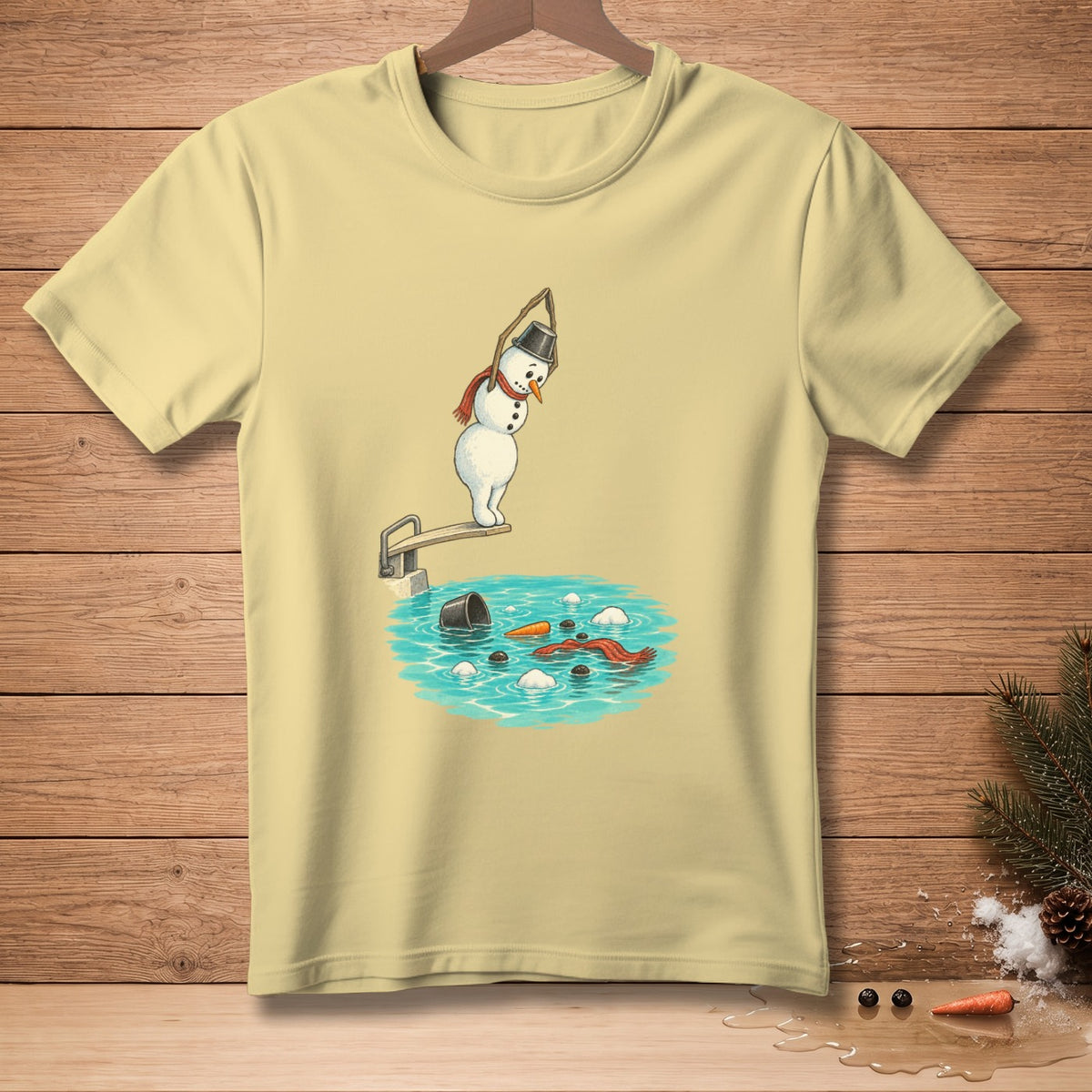 Snowman with bucket hat and scarf dives into pool with carrot and scarf.