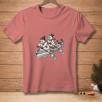 Snowmen rowing a boat with the word PULL! on the oars.