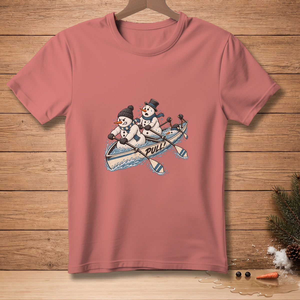 Snowmen rowing a boat with the word PULL! on the oars.
