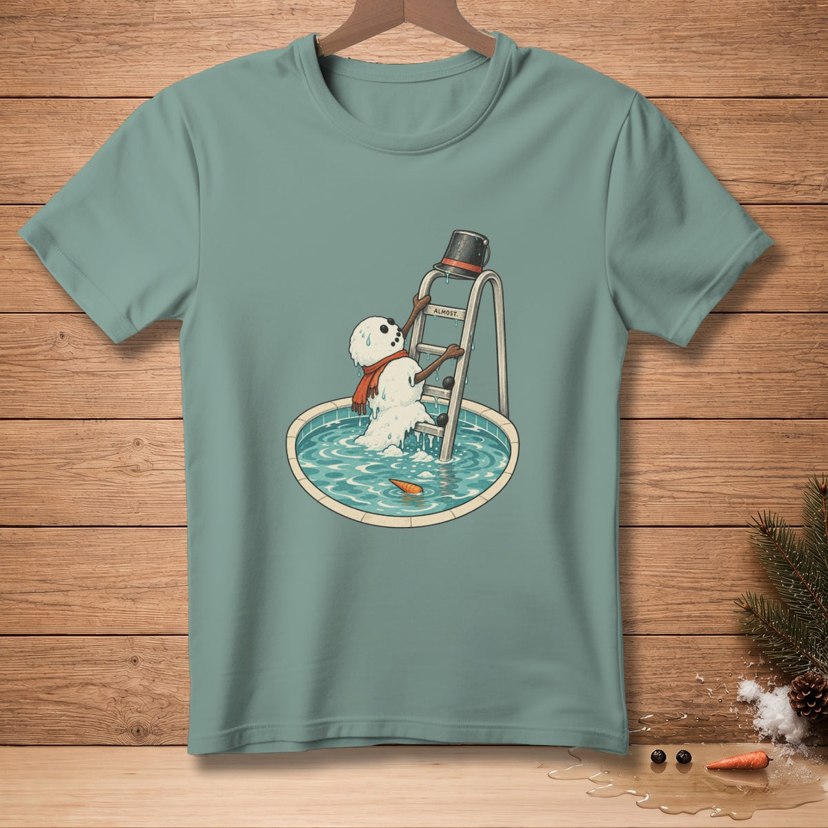 Melting snowman with carrot nose climbing pool ladder, text "ALMOST".
