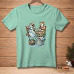 Snowmen playing cards and drinking at a table, with drinks in an ice bucket.