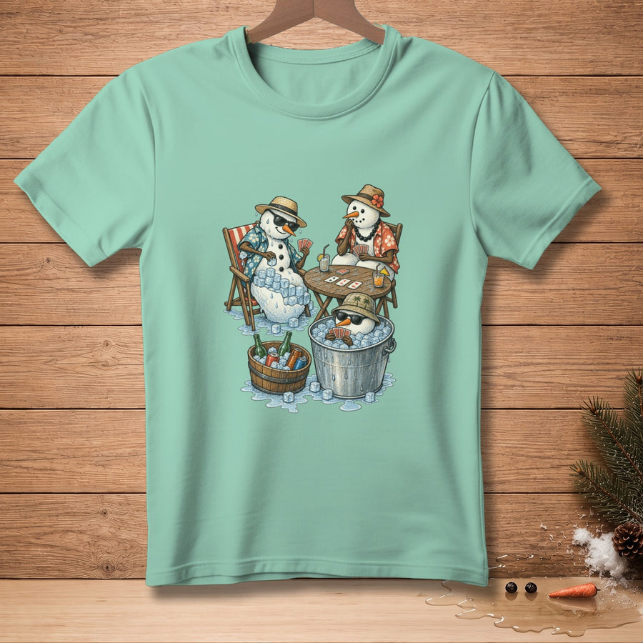 Snowmen playing cards and drinking at a table, with drinks in an ice bucket.