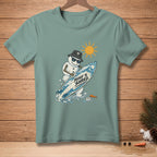 Snowman wearing sunglasses and a bucket hat with a surfboard reading "Ready To Shred."