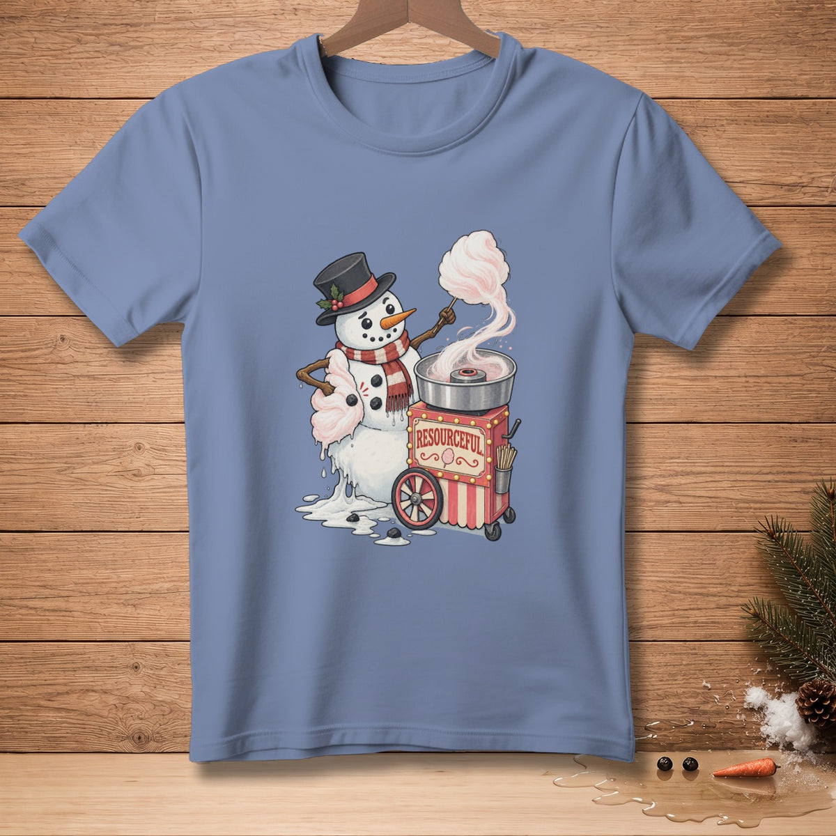 Snowman making cotton candy from a cart with text "RESOURCEFUL".