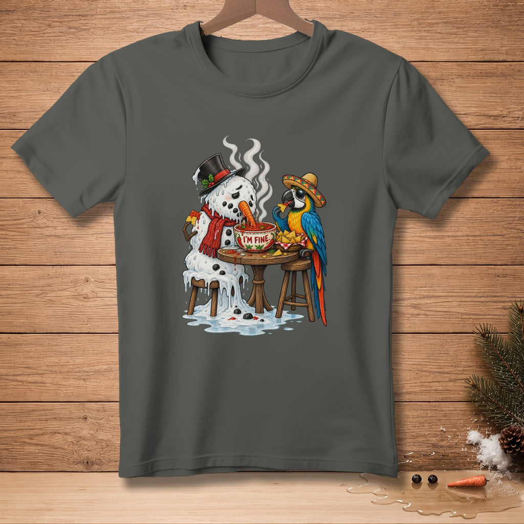 Melting snowman and parrot eating nachos with "I'M FINE" bowl.