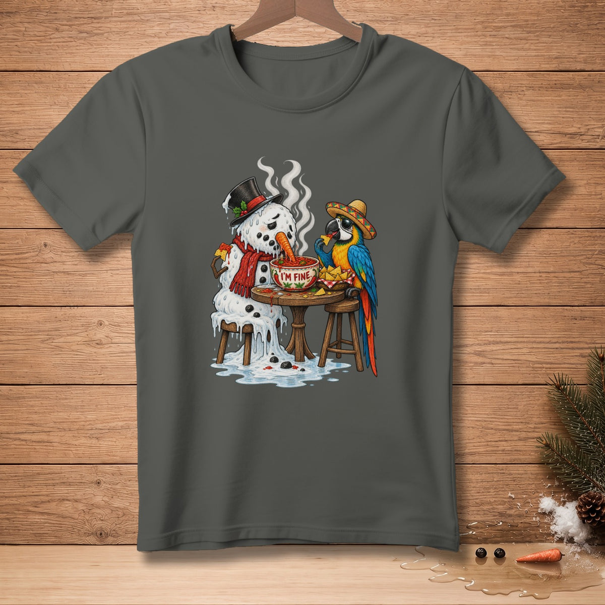 Melting snowman and parrot eating nachos with "I'M FINE" bowl.