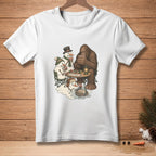 Bigfoot and snowmen play poker by lamplight on a white t-shirt.