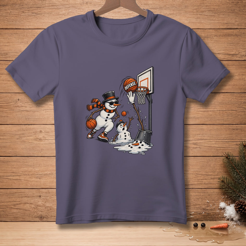 Snowman playing basketball and defending the hoop.