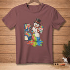 Melting snowman with snow cone machine and cup that says "Better Than New".