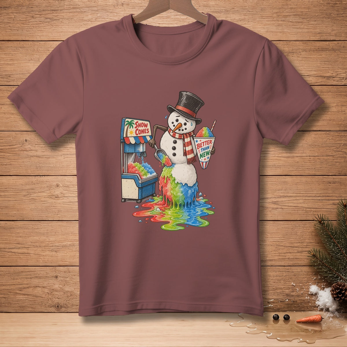 Melting snowman with snow cone machine and cup that says "Better Than New".