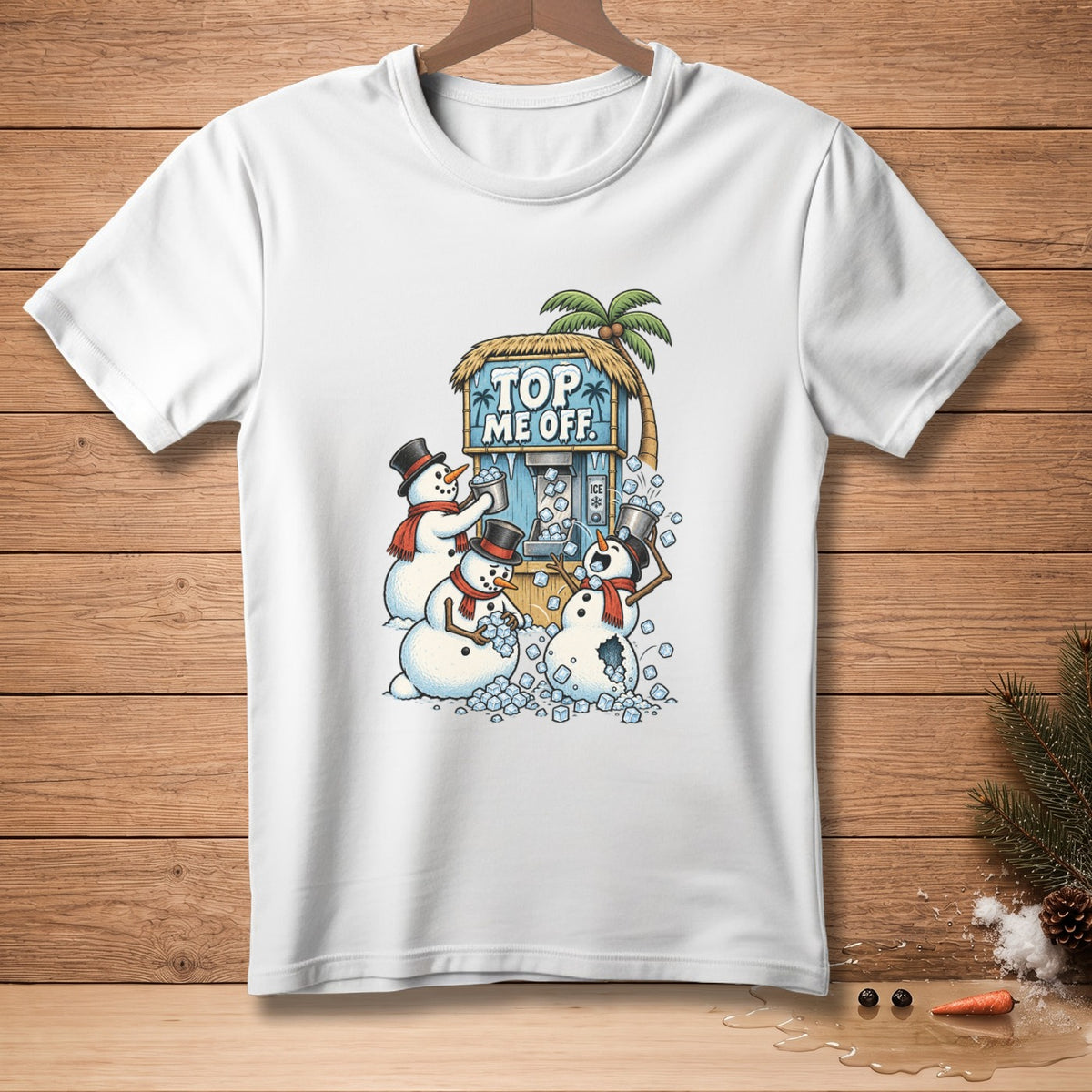 Snowmen at an ice dispenser with "TOP ME OFF" sign and a palm tree.