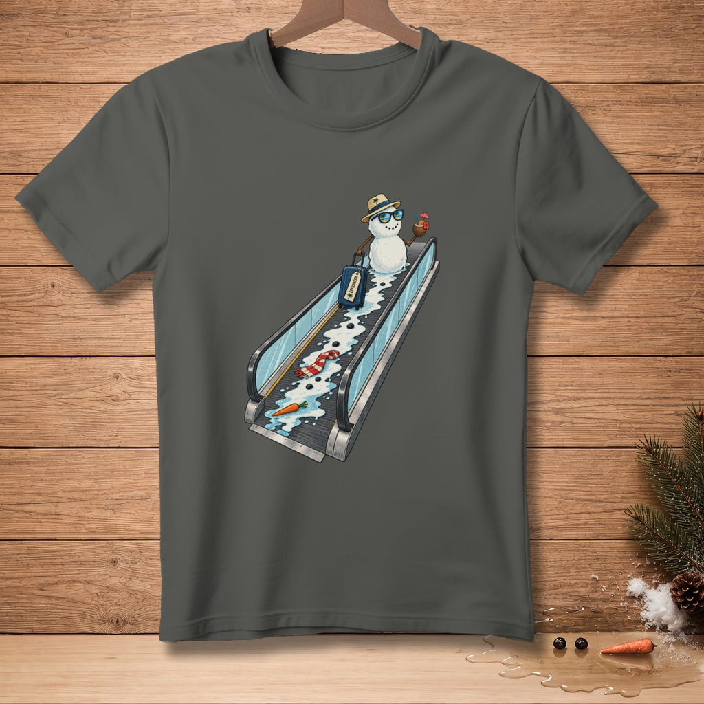 Snowman on escalator with suitcase, ice cream, and tropical drink.