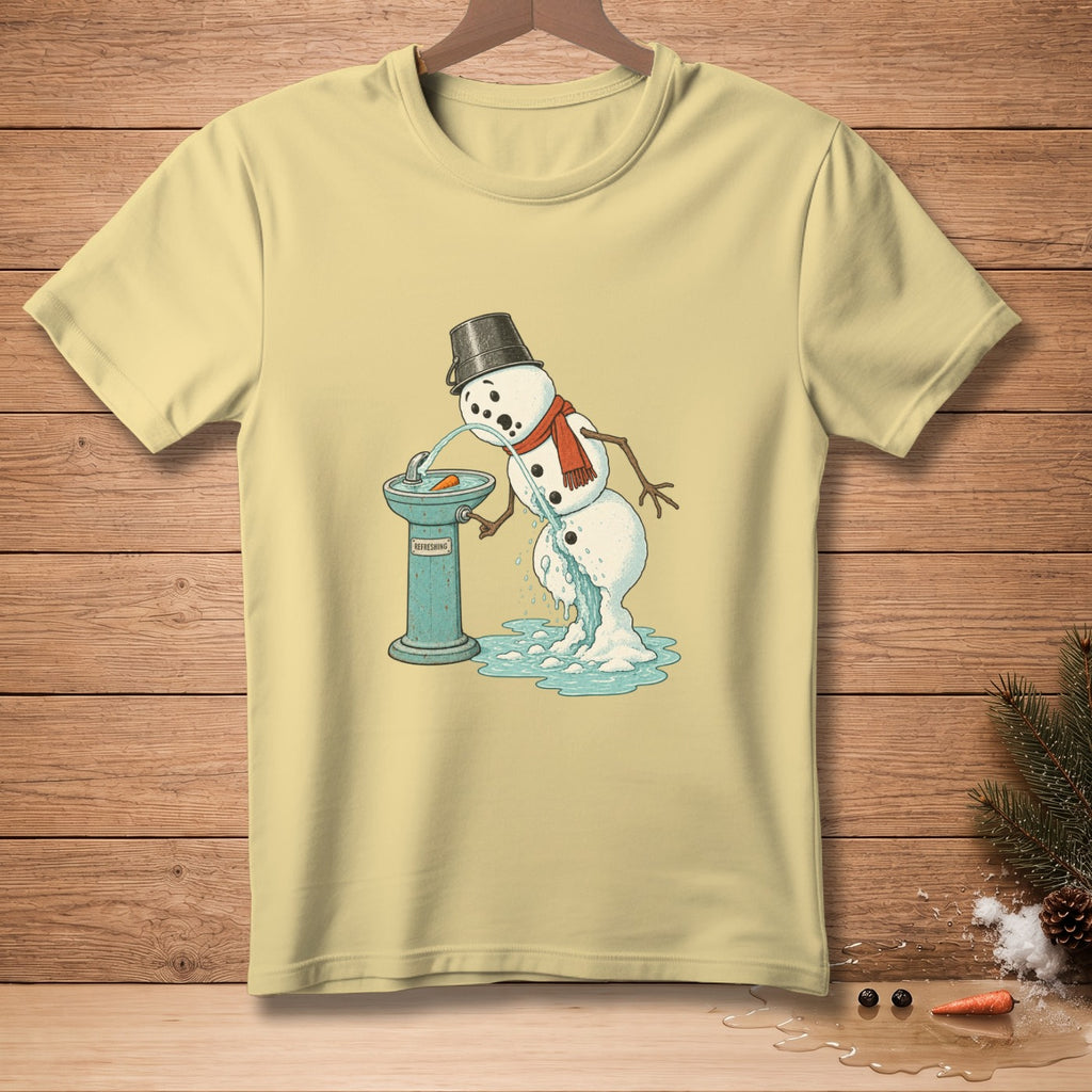 Snowman melting at a "REFRESHING" water fountain with a bucket hat and red scarf.