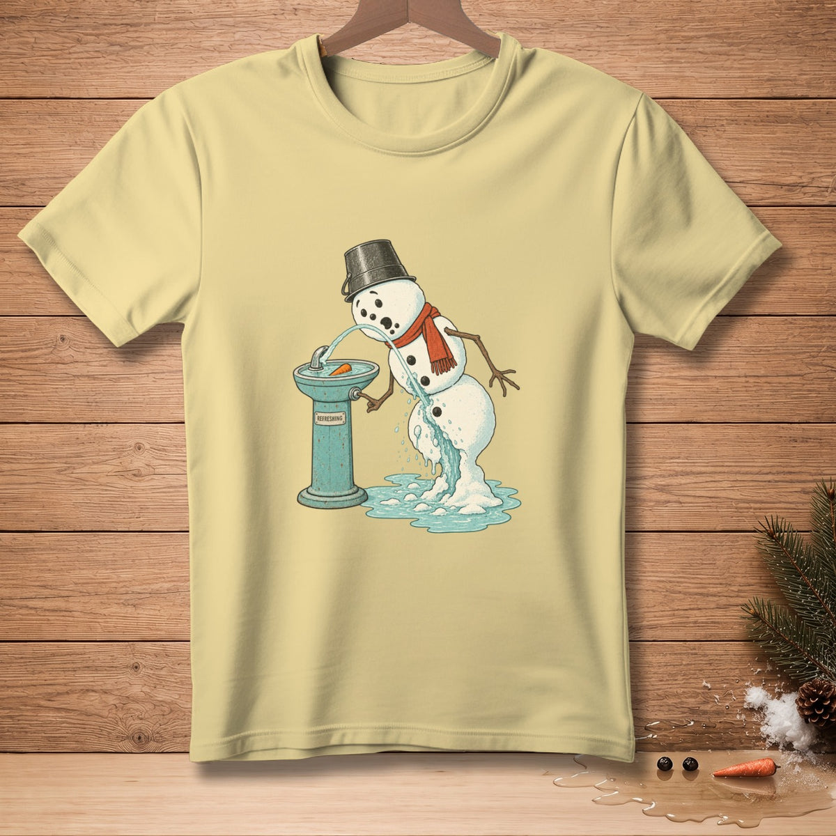 Snowman melting at a "REFRESHING" water fountain with a bucket hat and red scarf.