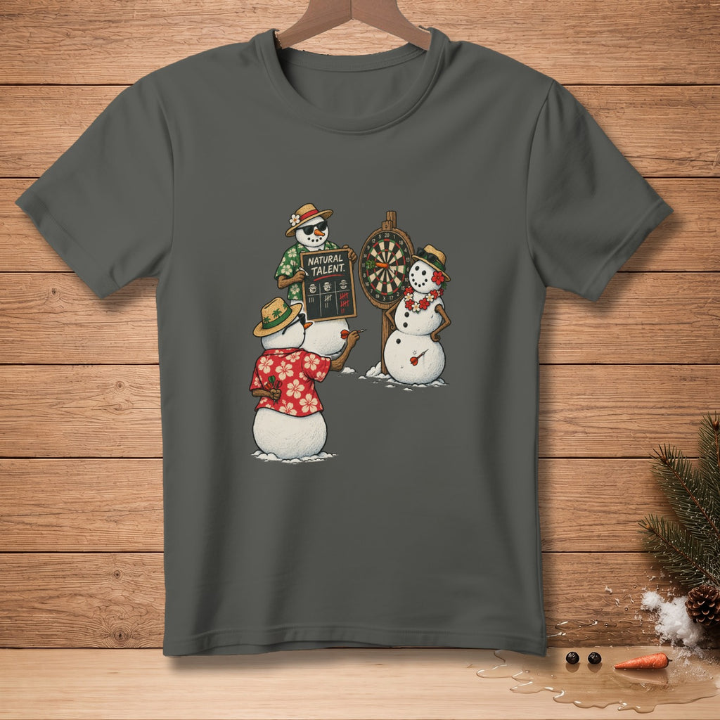 Three snowmen playing darts, one holding a sign that says "NATURAL TALENT."