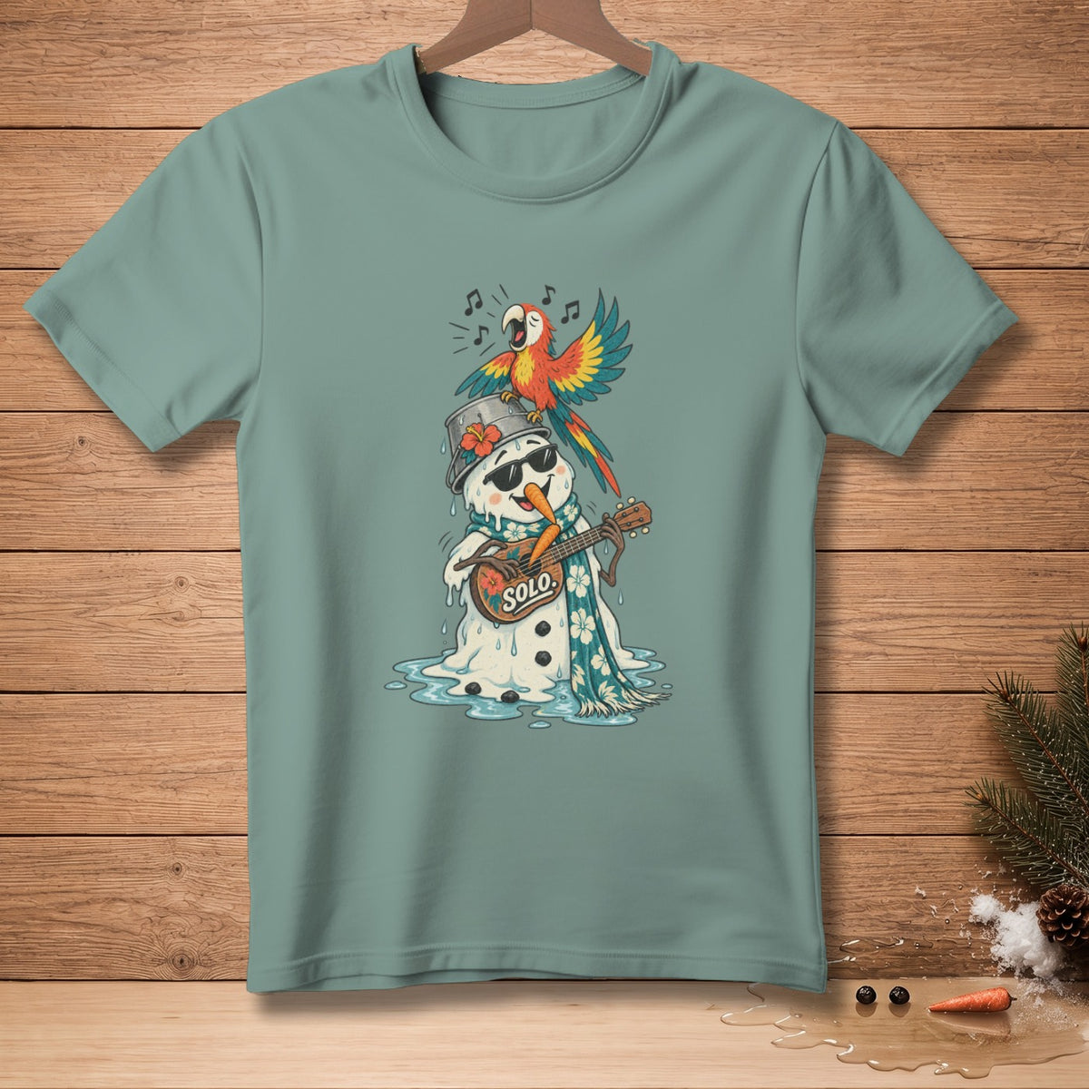 Melting snowman wearing sunglasses, playing ukulele with a parrot singing.