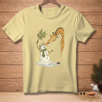 Giraffe feeding carrot to melting snowman wearing scarf and hat.