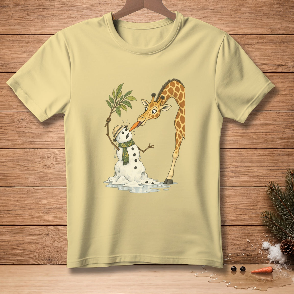 Giraffe feeding carrot to melting snowman wearing scarf and hat.