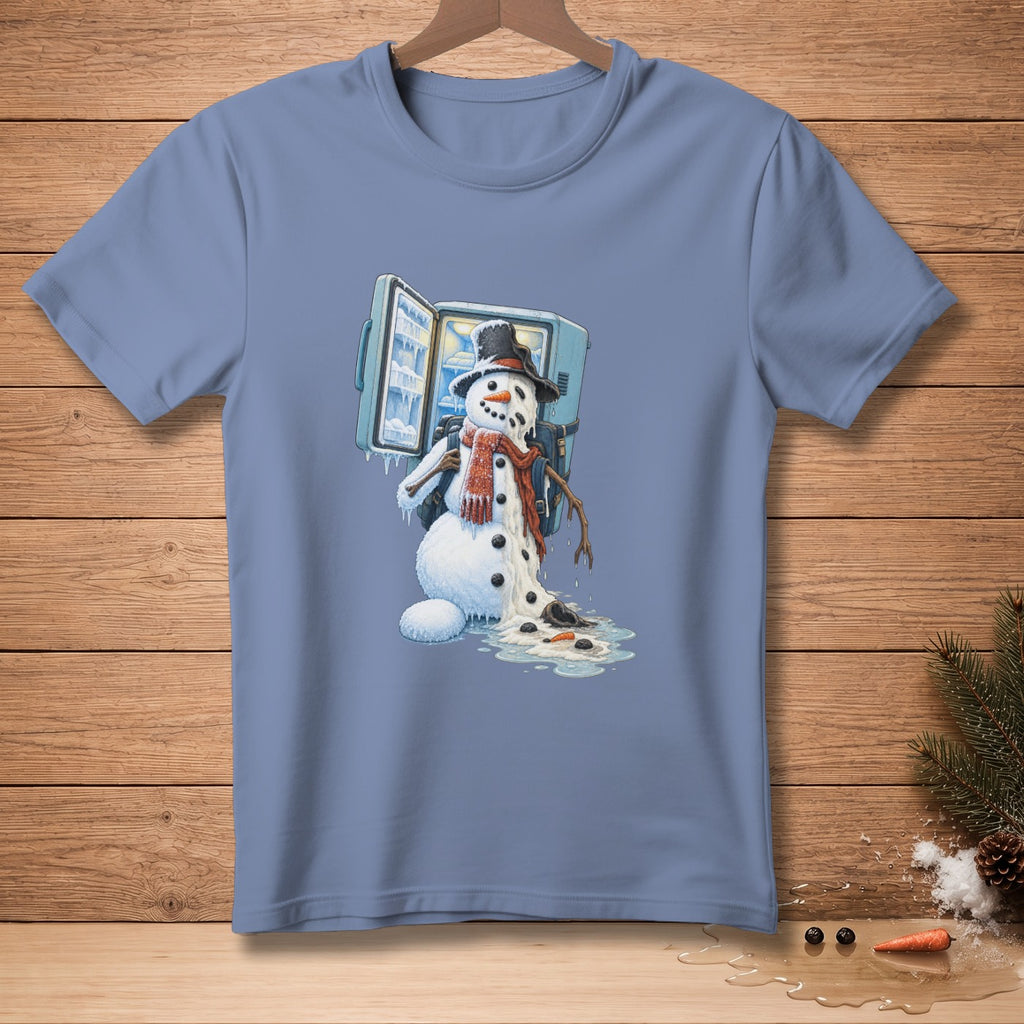 Melting snowman in a scarf and hat next to an open freezer.