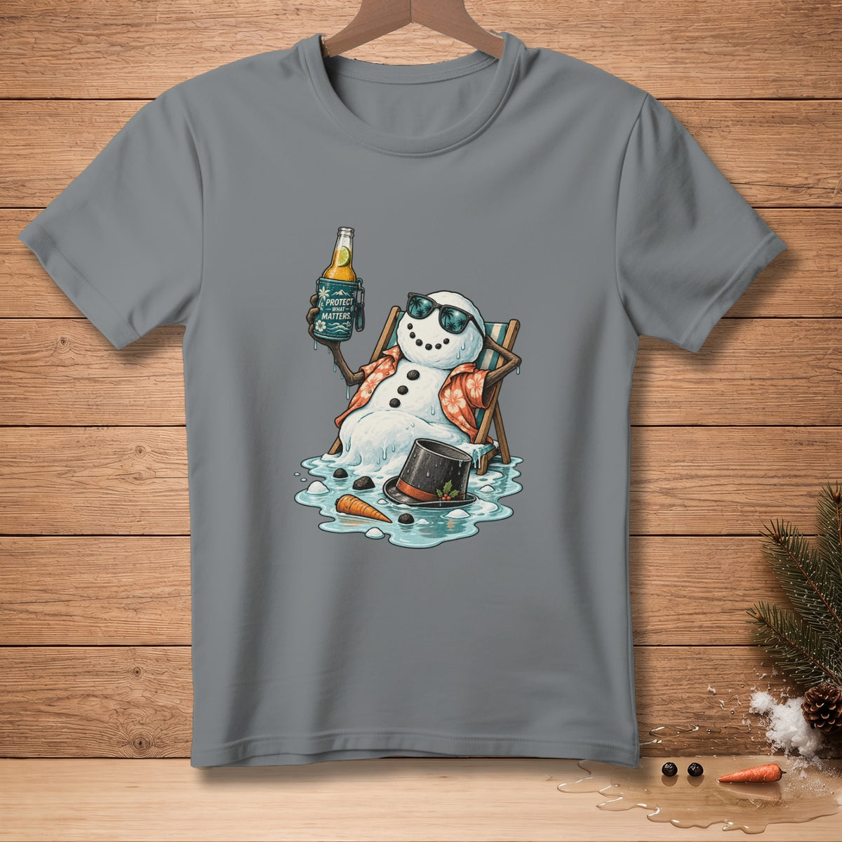 Melting snowman in sunglasses and Hawaiian shirt holds beer on beach chair.