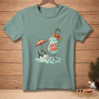 Snowman with sunglasses and umbrella by a frozen drink with text "Happy Hour".
