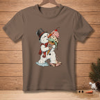 Melting snowman with top hat and scarf holding a dripping ice cream cone with "Photo Finish" text.